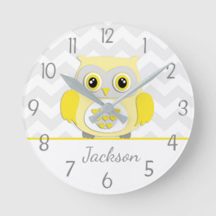 Gelbe graue Eulen-Kinderzimmer-Wand-Uhr Runde Wanduhr