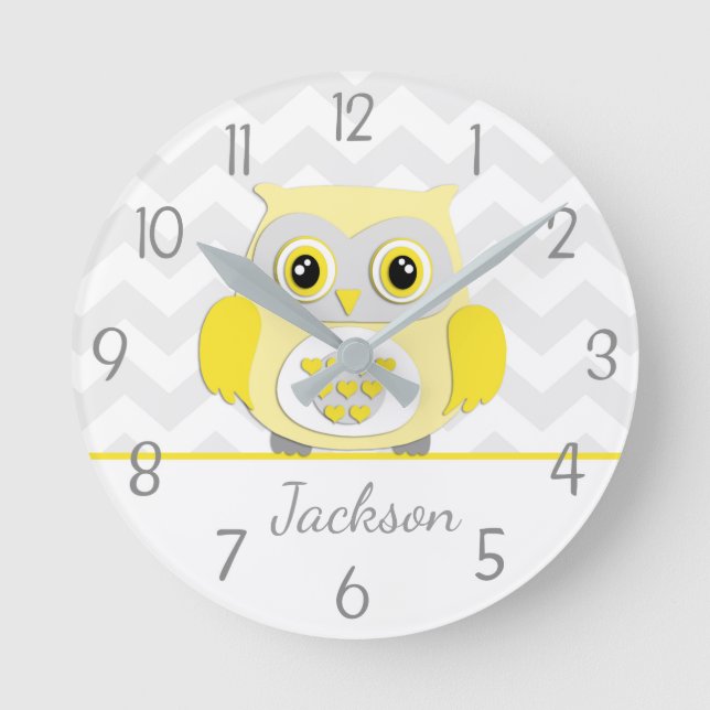 Gelbe graue Eulen-Kinderzimmer-Wand-Uhr Runde Wanduhr (Vorderseite)