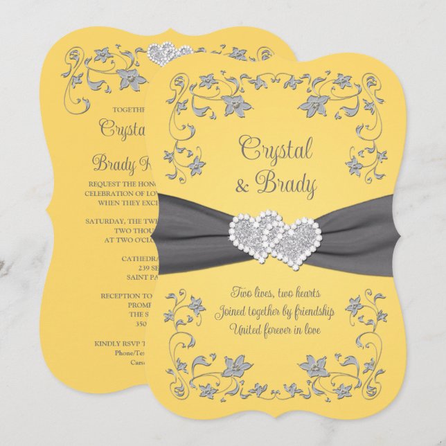Gelbe, graue Liebe Herz Hochzeitseinladung Einladung (Vorne/Hinten)