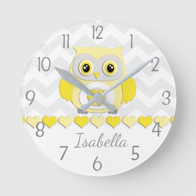 Gelbe graue Owl Kinderzimmer Wall Clock Runde Wanduhr (Vorderseite)