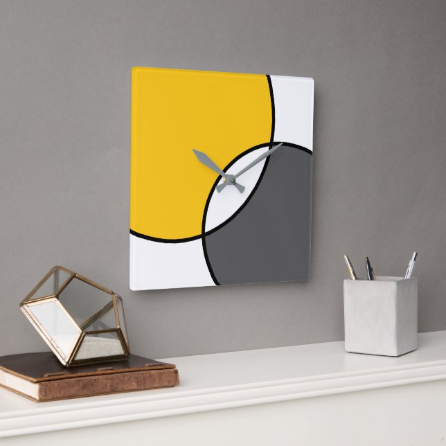 Gelbe graue weiße Kreise Quadratische Wanduhr (Büro)