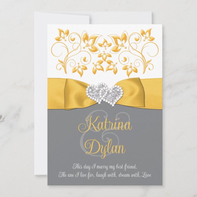Gelbe, graue, weiße Liebe Herz Einladung Hochzeit (Vorderseite)