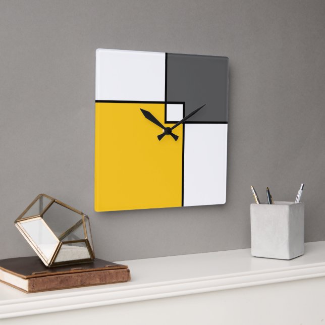 Gelbe graue weiße Quadrate Quadratische Wanduhr (Büro)
