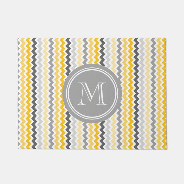 Gelbe graue Zickzack graue Monogramm-Fußmatte Fußmatte (Vorderseite)