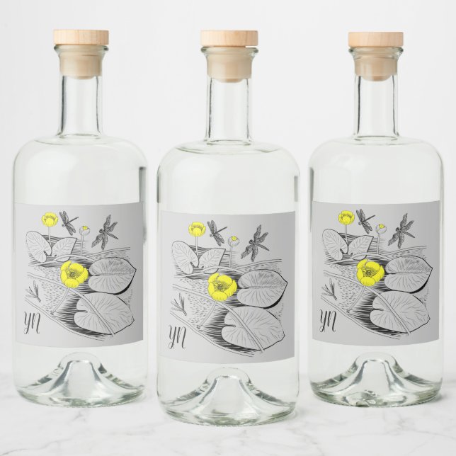Gelbe Gravur der Wasserlilien, schwarz Alkoholflaschenetikett (Flaschen)