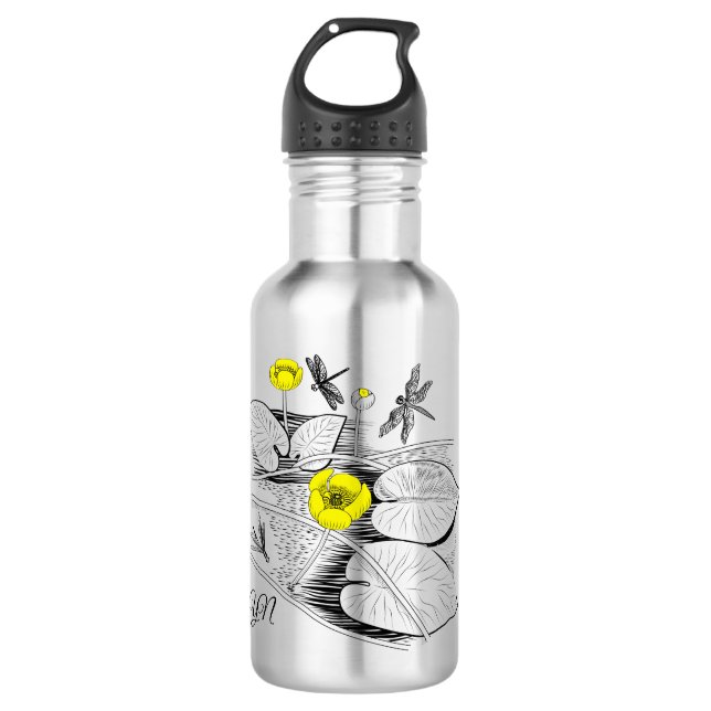 Gelbe Gravur der Wasserlilien, schwarz Edelstahlflasche (Vorderseite)