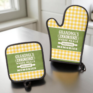 Gelbe grüne Gingham-Oma-Mahlzeiten werden zu Erinn Ofenhandschuh & Topflappen-Set