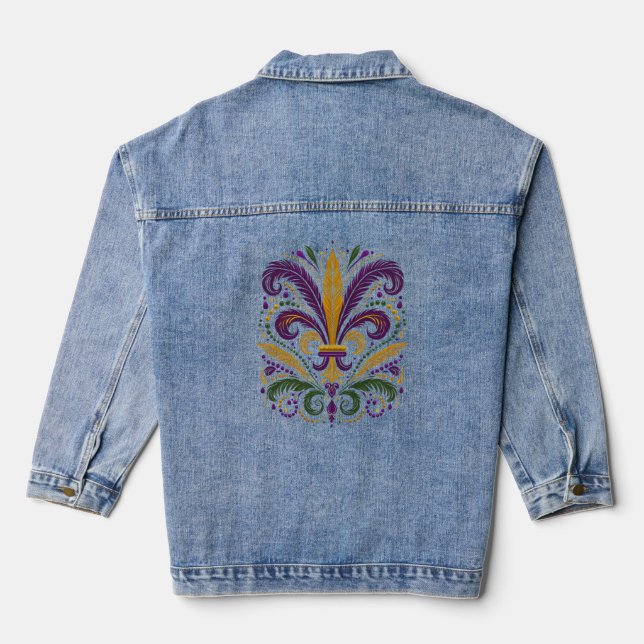 Gelbe, grüne lila Lilie Federn Jeansjacke (Rückseite)