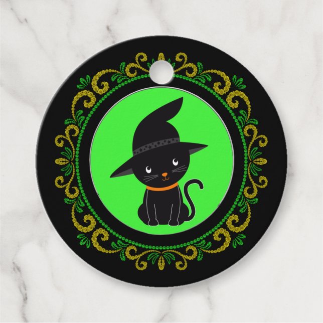 Gelbe grüne schwarze Katze mit einem Hexenhuttholz Geschenkanhänger (Vorderseite)