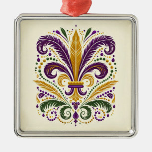 Gelbe, grüne, violette Fleur-de-lis-Federn Ornament Aus Metall