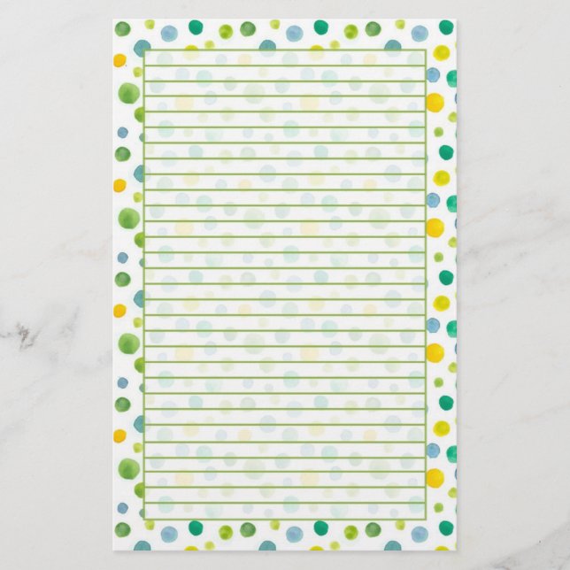Gelbe grüne Wasserfarben Polka Punkte Liniert Briefpapier (Vorderseite)