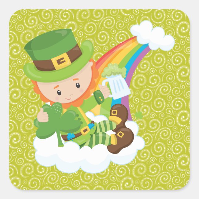 Gelbe grüne Wirbel Leprechaun und Regenbogenaufkle Quadratischer Aufkleber (Vorderseite)
