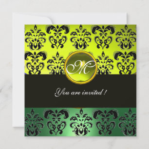 GELBE GRÜNES SCHWARZES DAMASK-MONOGRAM, Topaz Einladung