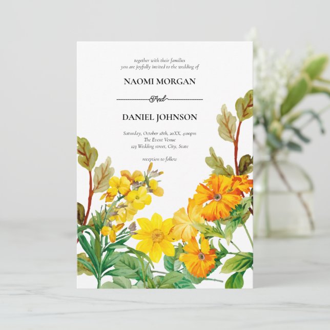 Gelbe Grünpflanzen Farbige Wildblumen Einladung (Stehend Vorderseite)