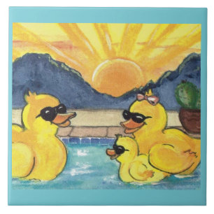Gelbe Gummienten-Familie in der Pool-Fliese Trivet Fliese