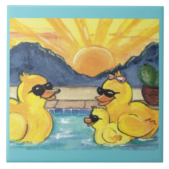 Gelbe Gummifaust-Familie im Schwimmbecken Fliese (Vorderseite)