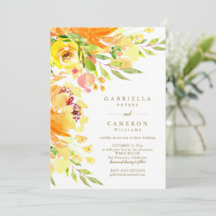 Gelbe Herbstaquarell Blumen Elegante Hochzeit Einladung