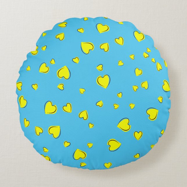 Gelbe Herzen auf blau Rundes Kissen (Vorderseite)