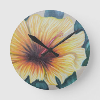 Gelbe Hibiskus-Uhr Runde Wanduhr