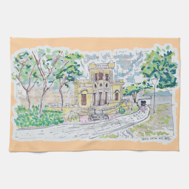 Gelbe historische Villa Geschirrtuch (Horizontal)