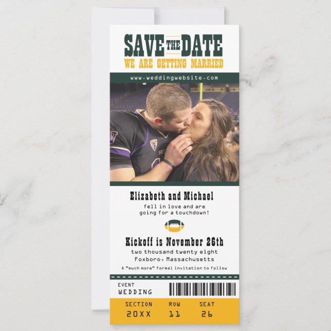 Gelbe Hochzeit retten Datum Fußball Ticket Save The Date (Vorderseite)