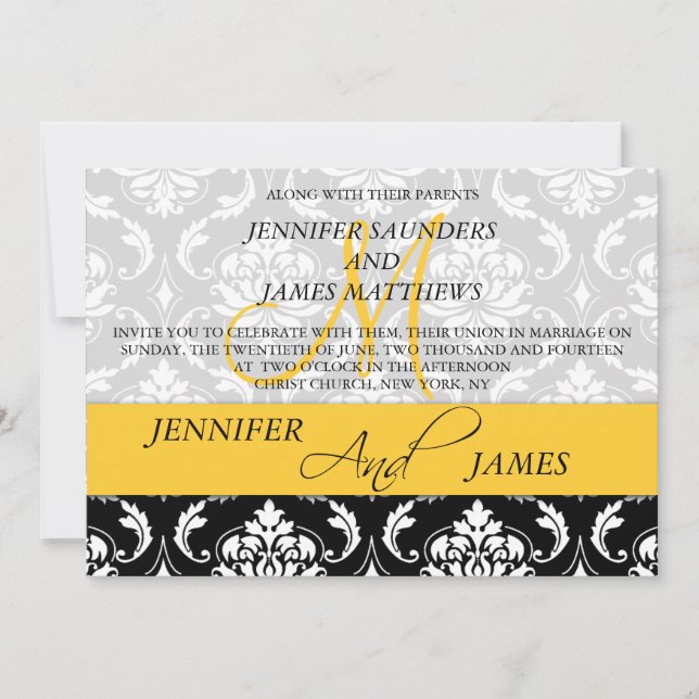 Gelbe Hochzeitsnahrung für Damask Monogramm-Namen Einladung (Vorderseite)