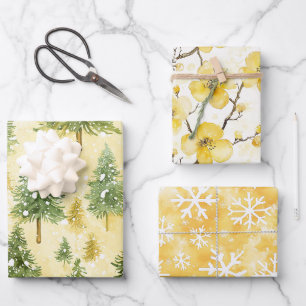 Gelbe Honig-Weihnachtsbäume Florales Weihnachtssch Geschenkpapier Set