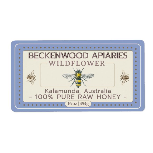 Gelbe Honigbiene Label Apiary Blue Border (Vorne)