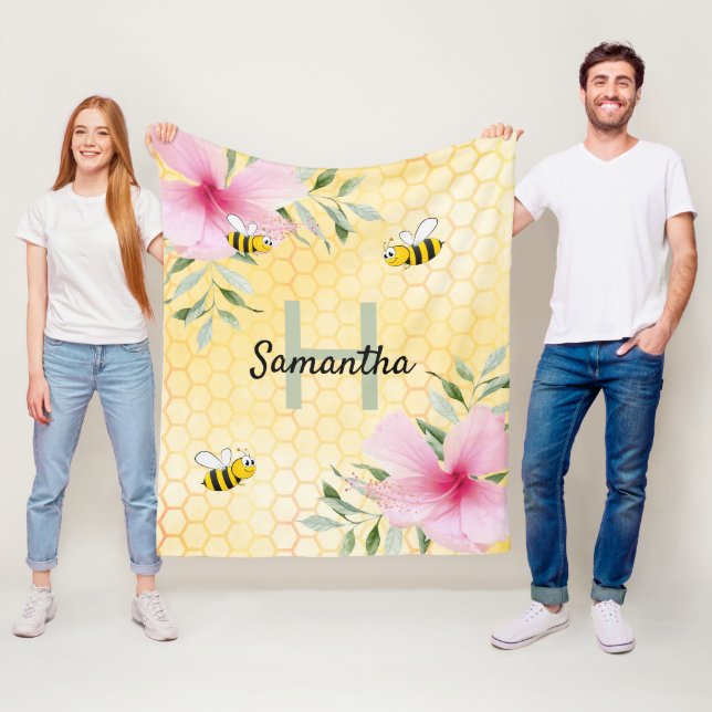 Gelbe Honigwabenbesen Rosa Florale Name monogramm Fleecedecke (Beispiel)