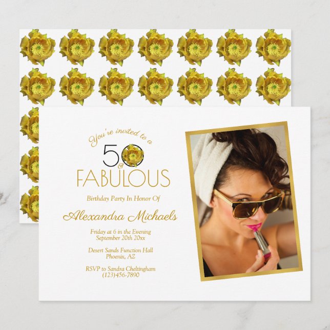 Gelbe Kakteen Blume Black & Gold 50 & Fabulous Einladung (Vorne/Hinten)