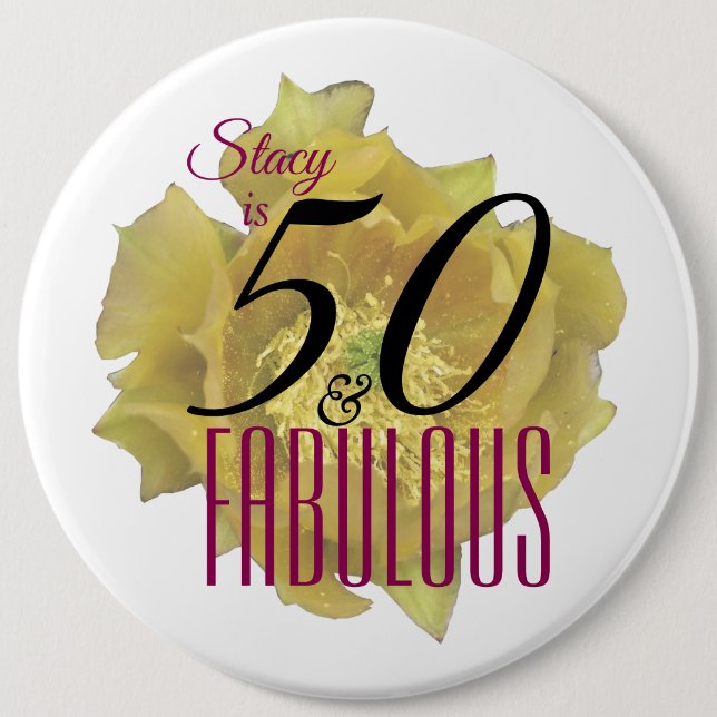 Gelbe Kaktus Blume 50 und fabelhafter Geburtstag Button (Vorderseite)
