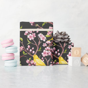 Gelbe Kanarienvögel und Kirschblüten Geschenkpapie Geschenkpapier