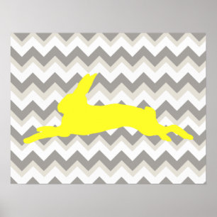Gelbe Kaninchen-Silhouette auf Zickzack Streifen Poster