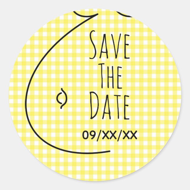 Gelbe Karierte Baby-Bump Babydusche Save the Date Runder Aufkleber (Vorderseite)