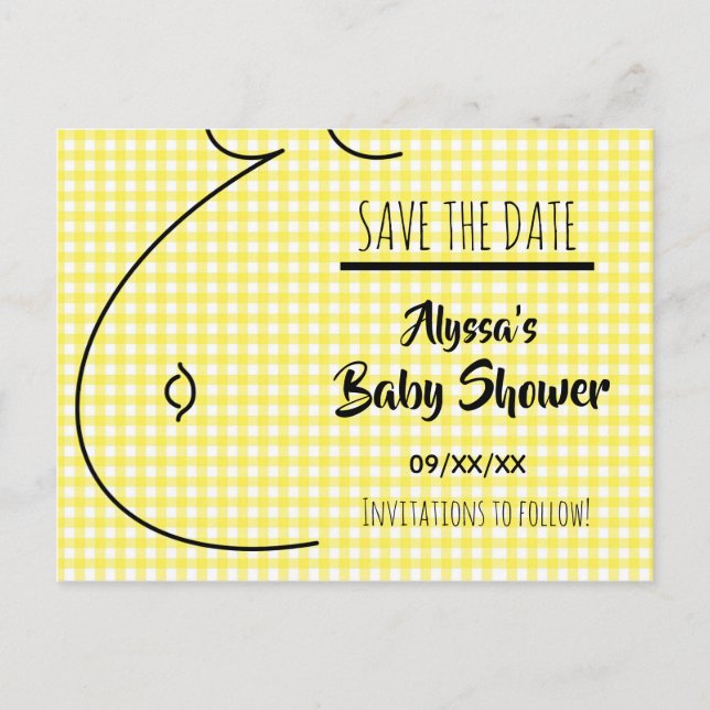 Gelbe karierte Baby-Stoß-Baby-Dusche Save the Date Ankündigungspostkarte (Vorderseite)