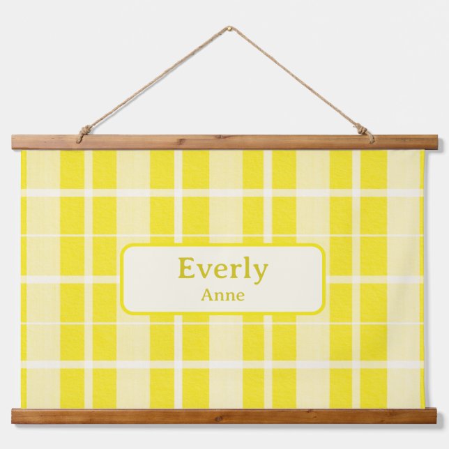 Gelbe Karierte Babyname Schild Kinderzimmer Dekora Wandteppich Mit Holzrahmen (Vorne)