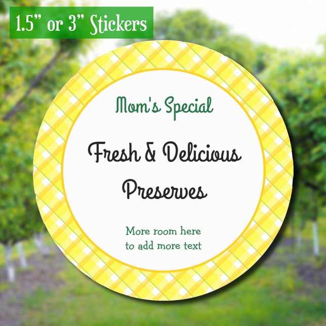 Gelbe Karierte Karo bearbeitbare Retro-Canning Runder Aufkleber (retro yellow plaid pattern editable canning pattern)