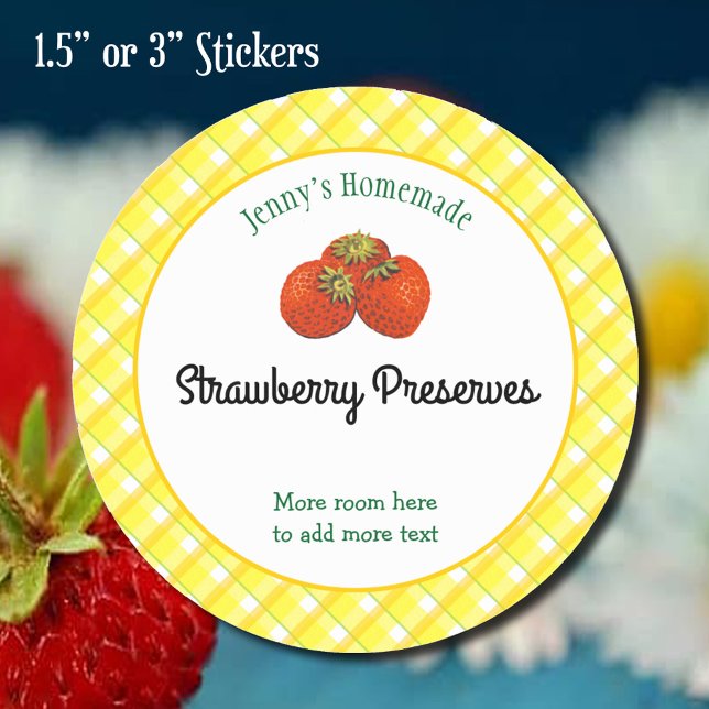 Gelbe Karierte Karos essbare Erdbeerrezeptur Runder Aufkleber (strawberry preserves canning sticker)