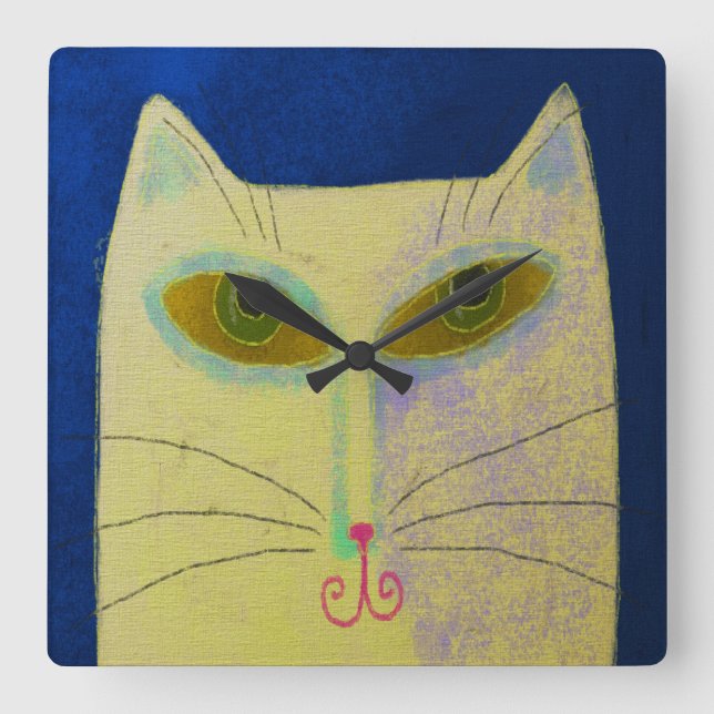 Gelbe Katze Abstrakt Art Rundlaufzeit Quadratische Wanduhr (Vorderseite)