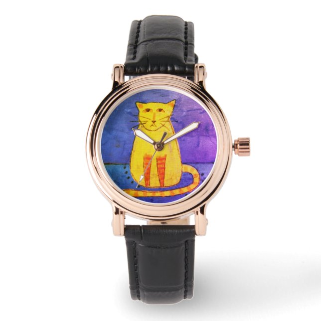 Gelbe Katze Abstrakte, erhabene Kunst Armbanduhr (Vorderseite)