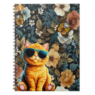 Gelbe Katze und Schmetterlinge im Blumenhintergrun Notizblock