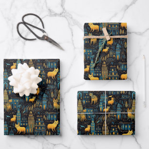 Gelbe Katzen in der Stadtnacht Kunst Geschenkpapier Set