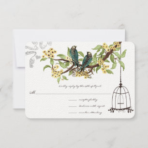Gelbe Kirsche Blüten Aquamarine Vögel Birdcage UAW RSVP Karte