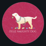 Gelbe Labrador Christmas Feliz Naughty Dog Runder Aufkleber<br><div class="desc">Gelbe Labrador und White Labrador Weihnachtsdesigns. Diese Seitenansicht Silhouette kann auch repräsentieren: Labrador, Gelbe Labrador, Schwarzes Labor, Schokolade-Labrador, Weißer Labrador, Labrador Retriever, Chessy, Chessie, Chesapeake, Chesapeake Bay Retriever, Rhodesian, Ridgeback, Curly Retriever, Curly Coated Retriever, Beauceron, Austrian Pinacy, Akbash, Blue Lab Chinook, Mountain Cur, Pudlepointer, Puddle Pointer, Poodle Pointer, Pudle Pointer,...</div>