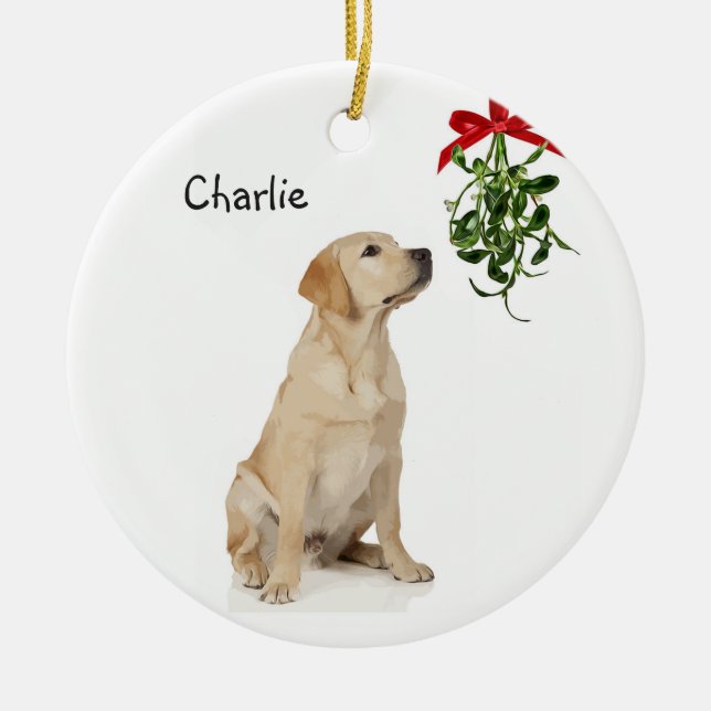 gelbe Labrador Mistletoe Weihnachtsdekoration Keramik Ornament (Vorne)