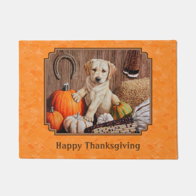 Gelbe Labrador Pup und Pumpkin Harvest Orange Fußmatte (Vorderseite)