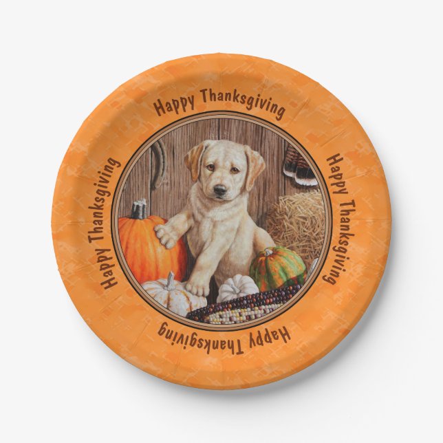 Gelbe Labrador Pup und Pumpkin Harvest Orange Pappteller (Vorderseite)