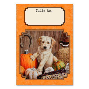 Gelbe Labrador Pup und Pumpkin Harvest Orange Tischnummer
