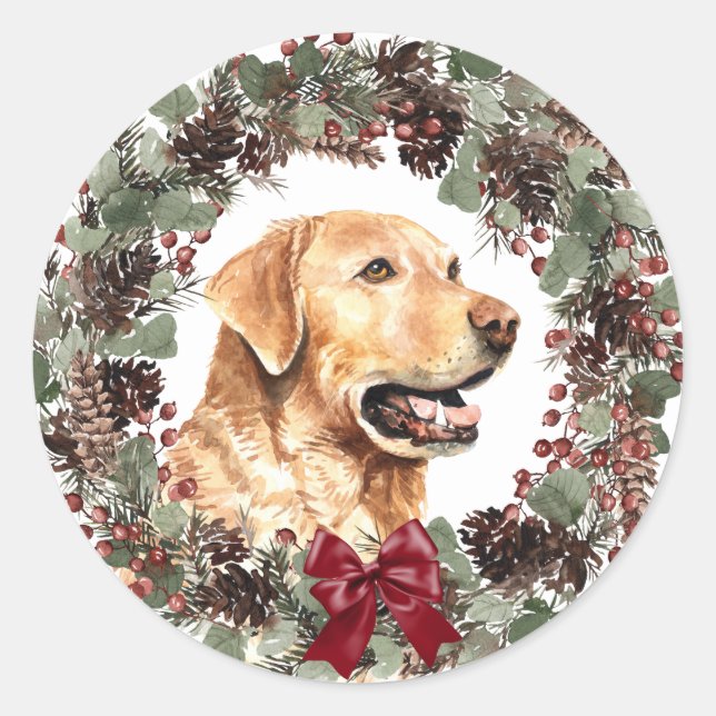 Gelbe Labrador Red Bow Pinecone Kranz Weihnachten Runder Aufkleber (Vorderseite)