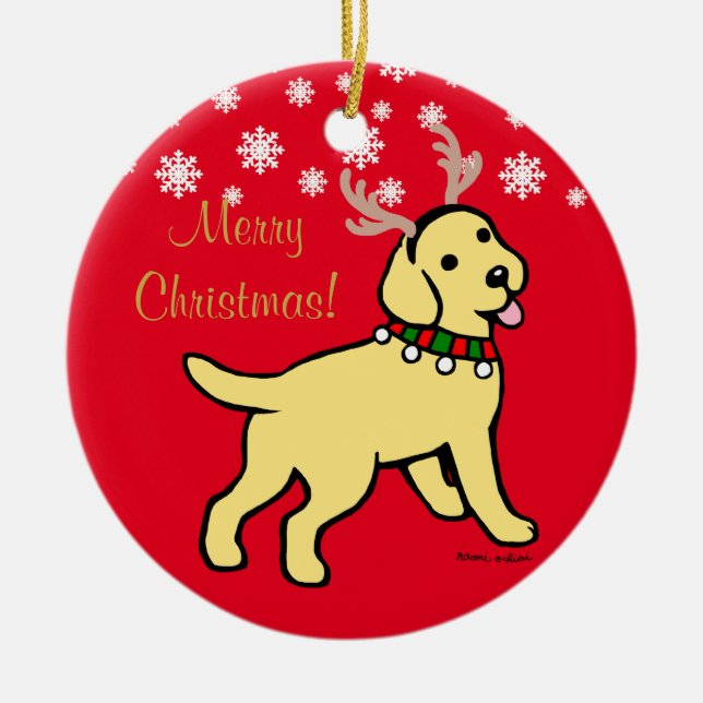 Gelbe Labrador-Weihnachtsgeweihe Keramik Ornament (Vorne)